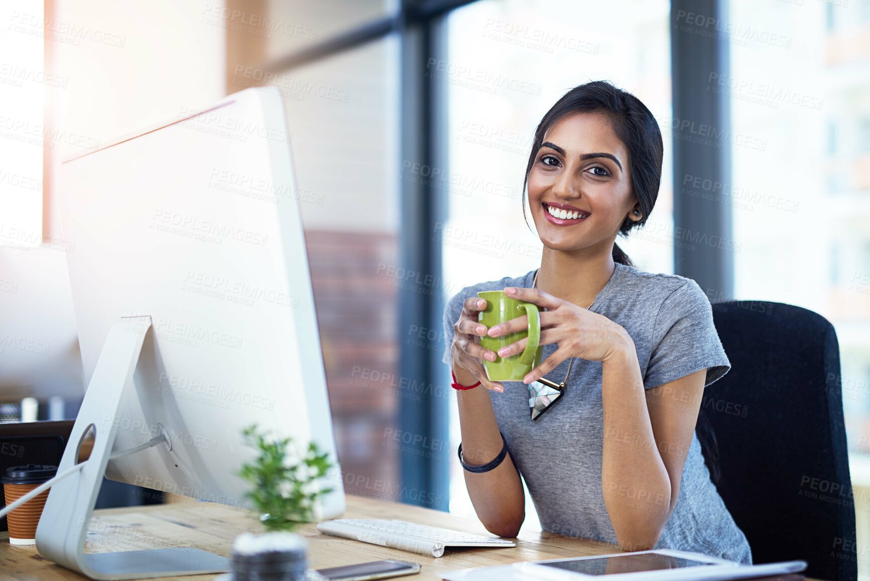 Buy stock photo Coffee cup, computer and portrait of creative Indian woman in office with confidence, relax or smile at startup. Design, pride and happy face of online developer with professional consultant on break