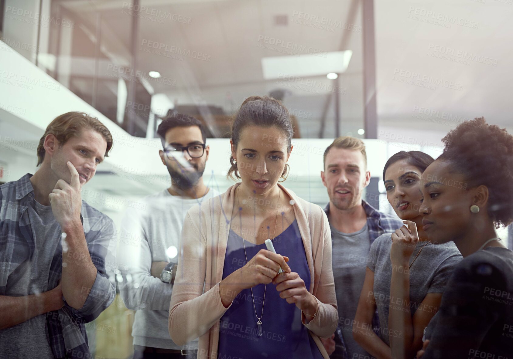 Buy stock photo Glass, graph and meeting by people writing in office for finance, savings and budget, review or investment growth. Business profit, statistics and accounting team in collaboration for problem solving