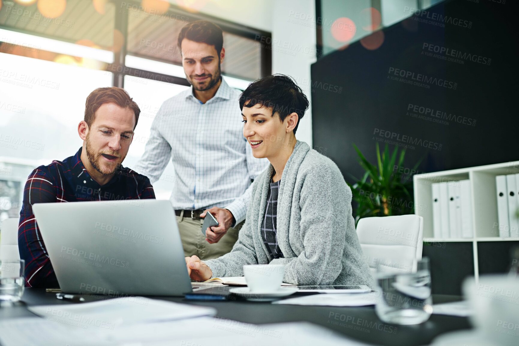 Buy stock photo Business, people and happy at meeting with laptop in boardroom on teamwork, collaboration and project. Office, strategy and smile in startup company for discussion, report and feedback as partners