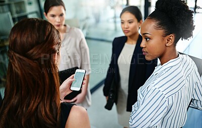 Business people, planning and phone for talking in office, teamwork and women for conversation. Employees, online and speaking on company growth, communication and support or collaboration on idea