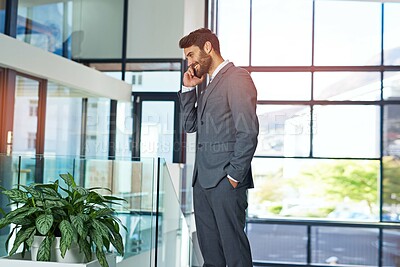 Buy stock photo Phone call, business and man in office, corporate professional and communication with network. Person, employee or financial adviser with smartphone, connection or listening to contact or digital app