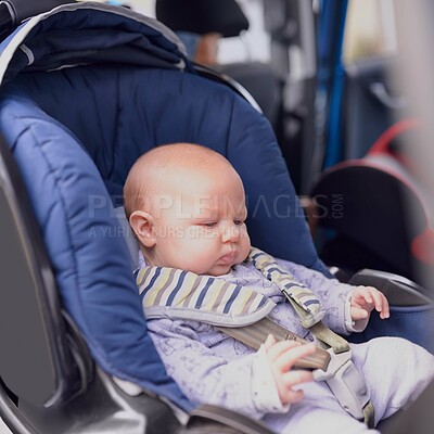 Buy stock photo Baby, boy and travel in car seat for adventure with safety or support for road trip on vacation or holiday on weekend. Infant, child and relax on chair for protection on journey with family