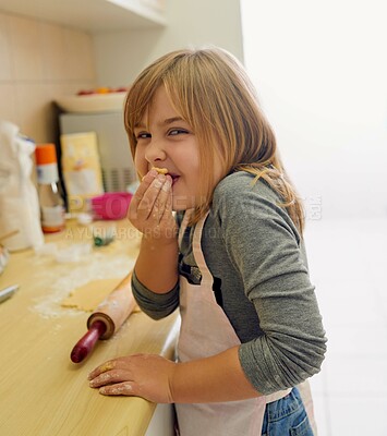 Buy stock photo Happy, young girl and learning to cook in portrait with dough and rolling pin for lesson in kitchen. Excited, food and chef baking cookies at home for child development and cooking education