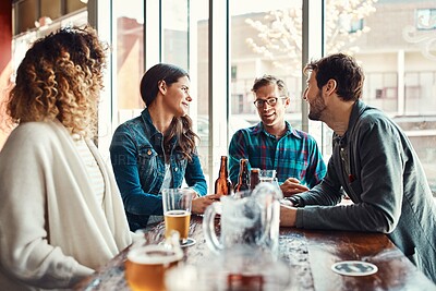 Buy stock photo Restaurant, beer and friends with smile in celebration of birthday event in urban New York pub. Group of people at hangout for happiness and gathering together with alcohol beverage at summer lunch