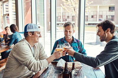 Buy stock photo Friends, men and toast in pub for beer with laugh for reunion, social gathering and date. Bar, people and smile with glass for drinking alcohol for fun, bonding and together with support and care