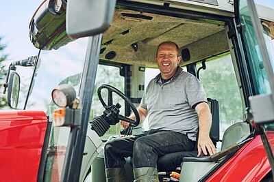 Buy stock photo Farm, tractor and portrait of man driving with equipment for farming, harvest and production. Agriculture, countryside and farmer with machine, vehicle and plow truck for fields, meadow and nature