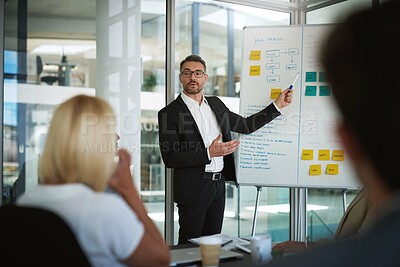 Buy stock photo Businessman, presentation or teaching on board in meeting for teamwork, partnership or collaboration. Planning, update or speech explaining web process diagram for coaching, training or online system