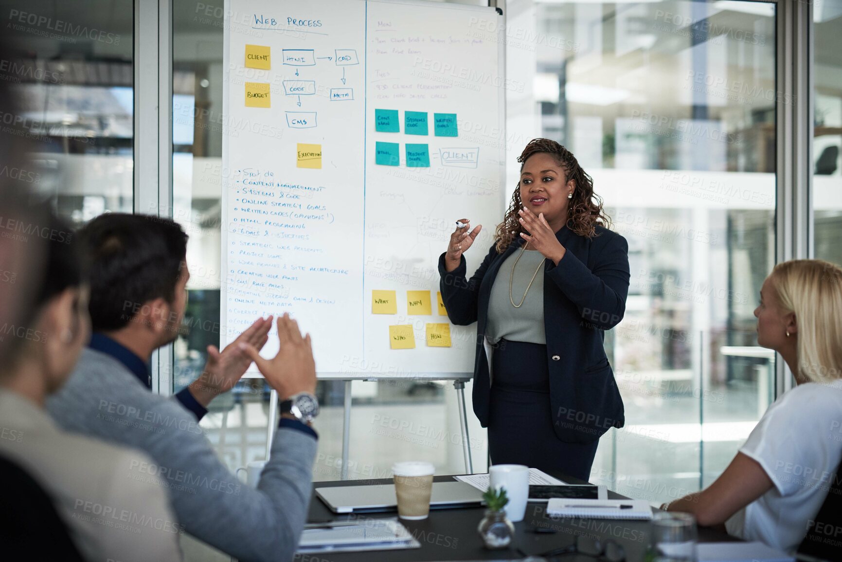 Buy stock photo Project manager, presentation and business strategy for planning, budget and workflow on whiteboard. Black woman, workshop and meeting with company for training, brainstorming and proposal in office