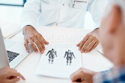 Buy stock photo Doctor, hands and consulting with anatomy drawing in hospital for diagnosis, studying and research. People, documents and technology in clinic for health check, visit or medical results and wellness