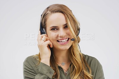 Buy stock photo Studio, woman and virtual assistant in portrait with smile, headset and happy on white background. Female person, consultant and advisor for support, information and crm with mic for communication