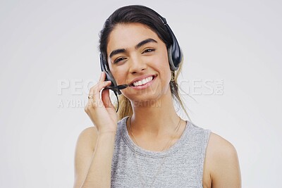 Buy stock photo Headset, woman and smile in call center on white background with consultant for telemarketing. Technology, help and customer support with portrait for contact on internet with telemarketer in Germany