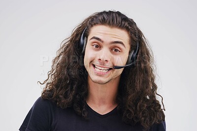 Buy stock photo Portrait, man and headset in call center on white background with telemarketing operator in office. Customer service, help and consulting with voip for contact on internet with telemarketer in Sweden
