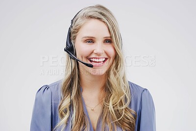 Buy stock photo Smiling, woman and virtual assistant in studio with proud, headset and happy on white background. Female person, consultant and advisor for support, information and crm with mic for communication