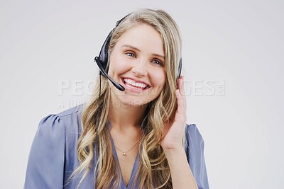 Buy stock photo Woman, smile and headset in call center on white background with telemarketing employee for consult. Customer support, technology and help for contact on internet with telemarketer in Sweden