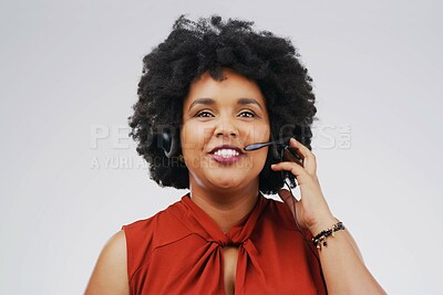 Buy stock photo Woman, virtual assistant and headset with smile in studio for communication and customer service. African female person, consultant and mic to talk, telemarketing and crm agent on white background