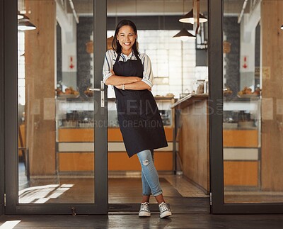 Buy stock photo Portrait, happy woman and cafe owner with arms crossed for pride, hospitality and welcome to small business. Smile, coffee shop and confident entrepreneur, waitress and barista by door in Argentina