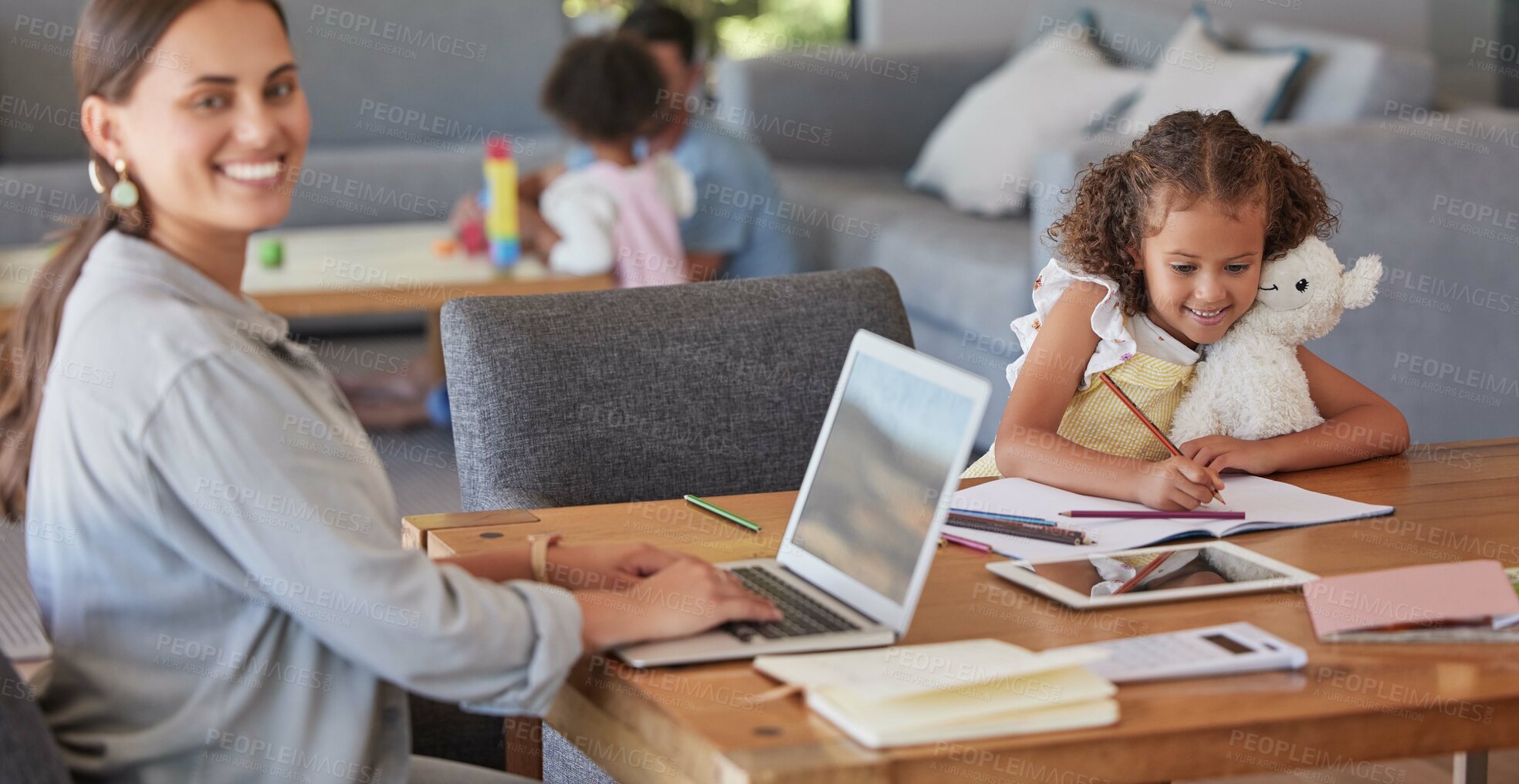 Buy stock photo Children, laptop and woman working from home on freelance blog, check email and girl have fun playing in living room. Love, multitask and child care parents or mom balance work life with family kids