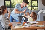 High five, family and education with a student girl learning and studying at home while her parents remote work from home. Goal, target and support with a father giving motivation to his daughter