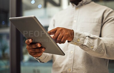 Buy stock photo Night office, businessman hands and tablet planning in company for online ideas, strategy and app connection on 5g technology. Closeup employee working in dark modern office for late digital project