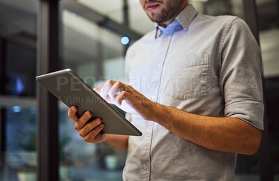 Buy stock photo Night, office and businessman hands on tablet, planning and strategy for online research, mobile notes or digital idea for project. Organized entrepreneur working on plan in startup workplace