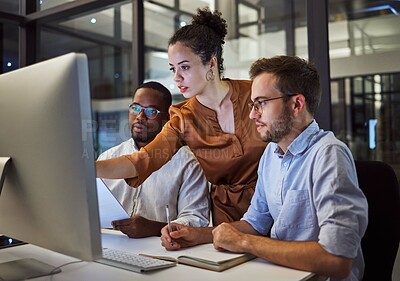 Learning, computer and training business interns in night office with manager, boss and leadership help. Men with technology planning ideas, kpi strategy and marketing innovation vision with mentor