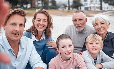 Buy stock photo Family, beach and smile for selfie together for quality bonding time, holiday or vacation in the outdoor. Happy parents, grandparents and child smiling for photo on travel at the ocean in Greece
