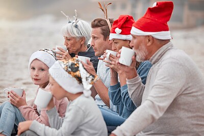 Buy stock photo Big family, drinking cocoa and relaxing for Christmas holiday, bonding and quality time together in the outdoors. Parents, grandparents and children in family celebration for December festive season