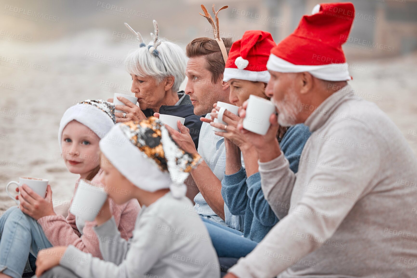 Buy stock photo Big family, drinking cocoa and relaxing for Christmas holiday, bonding and quality time together in the outdoors. Parents, grandparents and children in family celebration for December festive season