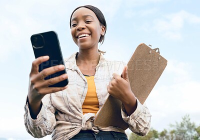 Buy stock photo Mobile app, inspection and black woman on farm with 5g internet for communication, social media and contact with a phone. Agriculture, farming and farmer with a mobile for the web during nature work