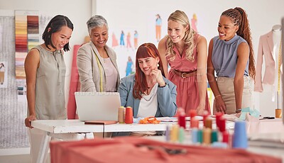 Buy stock photo Business people, laptop and fashion meeting for marketing, clothing or ecommerce at the office. Group of employee designers working on computer for online advertising, clothes or brand at workplace