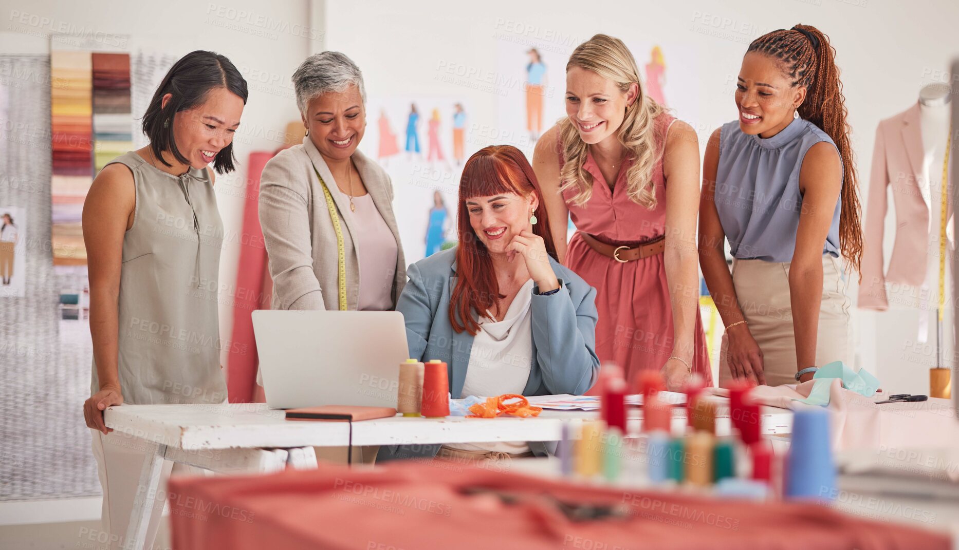 Buy stock photo Business people, laptop and fashion meeting for marketing, clothing or ecommerce at the office. Group of employee designers working on computer for online advertising, clothes or brand at workplace