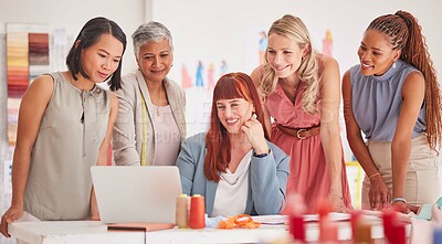 Buy stock photo Fashion, retail and design team on laptop for ecommerce, sale and profit review in office. Partnership, teamwork and business women collaboration startup goal, online shopping website and logo reveal