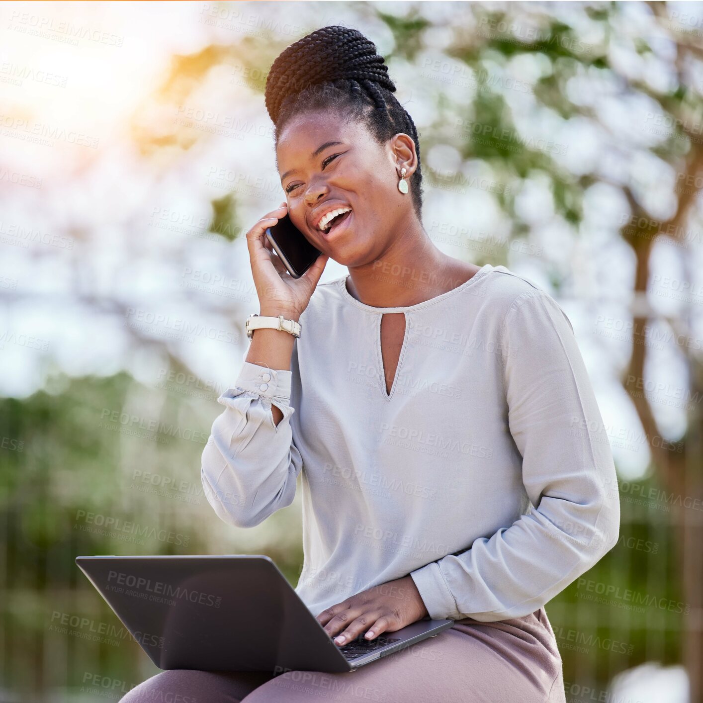 Buy stock photo Black woman, laptop and phone call outdoor for business conversation, creative planning and morning strategy management. African girl, digital tech communication and corporate call in nature park