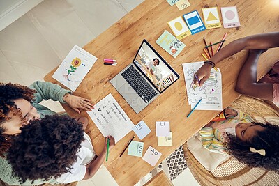 Buy stock photo Elearning, education and homework with black family at table from top view for creative, care or tutor. Distance learning, schoolwork and child development with parents and children for online course