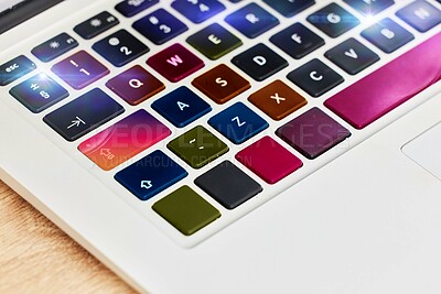 Buy stock photo Laptop keyboard, color and technology for work, business and internet on a table. Digital, creative and pc computer for electronic entertainment, gaming or web on a desk for streaming and creativity