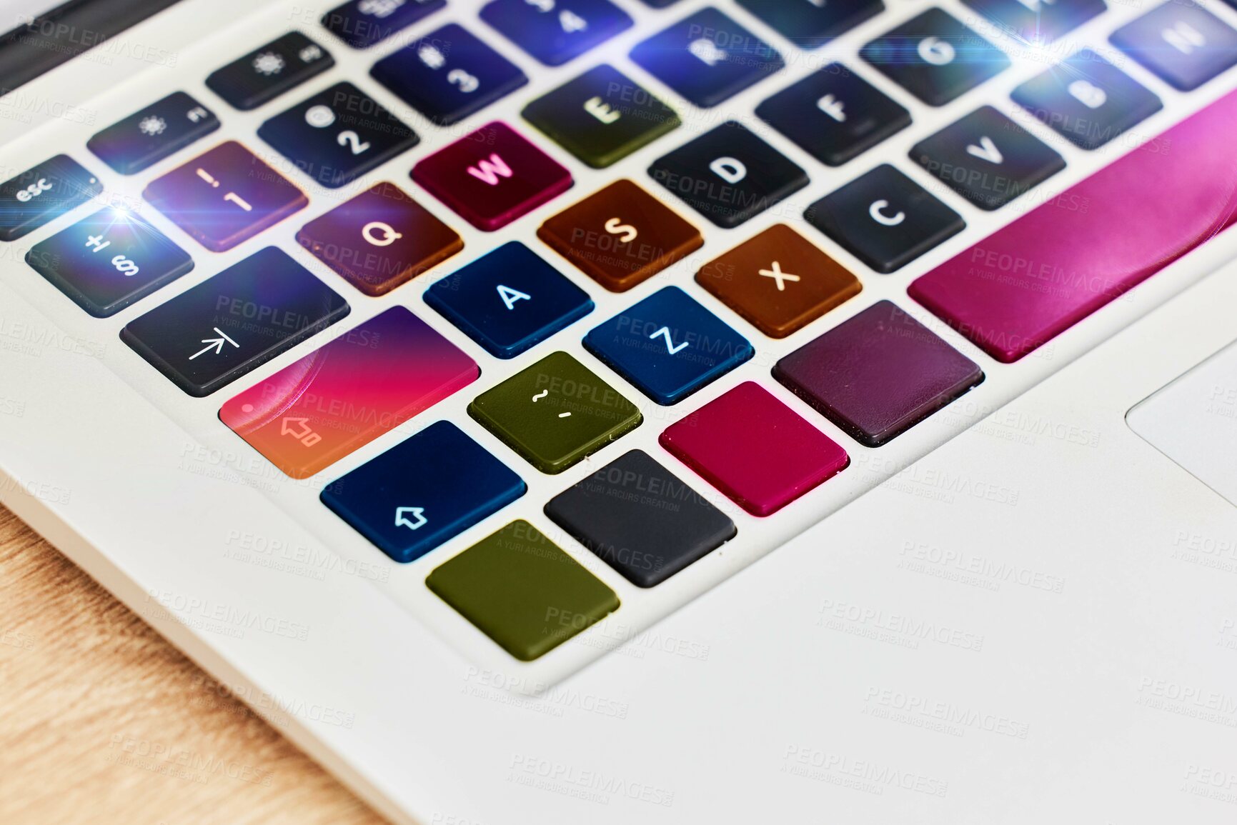 Buy stock photo Laptop keyboard, color and technology for work, business and internet on a table. Digital, creative and pc computer for electronic entertainment, gaming or web on a desk for streaming and creativity