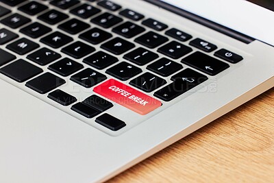 Buy stock photo Laptop, keyboard and coffee break key on table in business office for rest period, relax and pause. Computer, closeup of function and recharge from pc technology, internet and email in corporate job