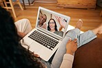 Video call, laptop screen and woman wave on home sofa for communication, contact or hello. Smile, virtual meeting and friends with person in lounge for online chat, conference or social media
