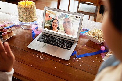 Buy stock photo Birthday cake, video call and laptop on table with people online to celebrate on virtual chat. Couple talking to family with internet connection, communication and technology at home for celebration