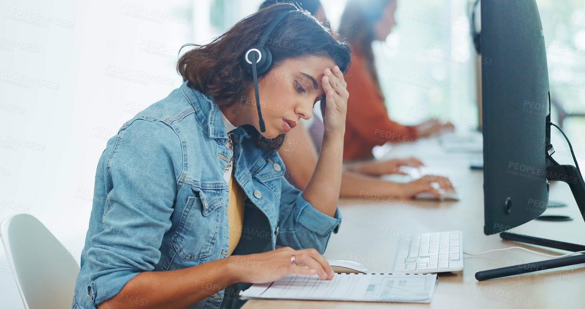 Buy stock photo Woman, call center and headache in mistake, anxiety or stress in customer service or support at office. Frustrated female person or consultant agent and migraine, mental health or burnout on computer