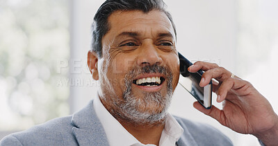 Buy stock photo Business, phone call and senior man with a smile, connection and communication in a workplace. CEO, mature person and corporate professional with a smartphone, employee and network with negotiation