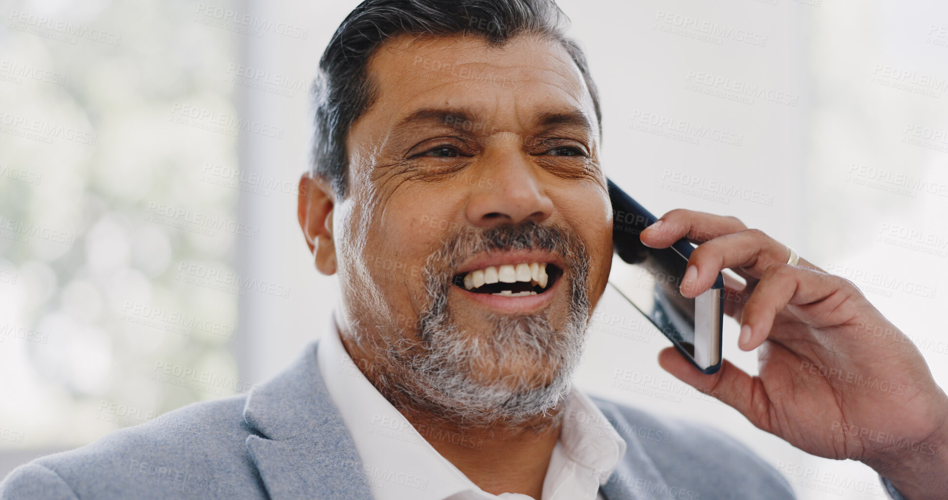 Buy stock photo Business, phone call and senior man with a smile, connection and communication in a workplace. CEO, mature person and corporate professional with a smartphone, employee and network with negotiation