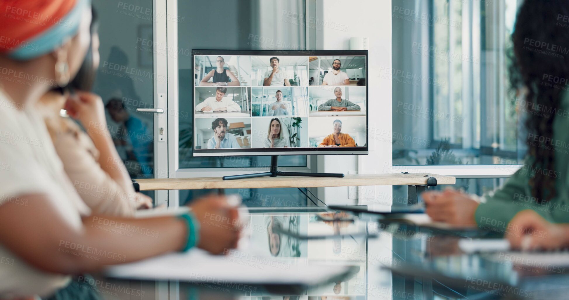 Buy stock photo Video call, conference and group for presentation on screen with business people for online meeting. Internet, webinar and international team training on computer monitor for virtual live streaming