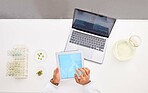 Hands, tablet and leaves in petri dish, scientist in lab with laptop and research info, environment science and test tube. Top view, ecology study and person with mockup, digital data and futuristic