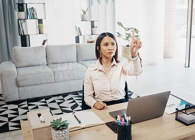 Buy stock photo Press, remote work and business woman in virtual metaverse for online presentation or video call with connection. Planning, internet and employee in home office working on strategy with laptop