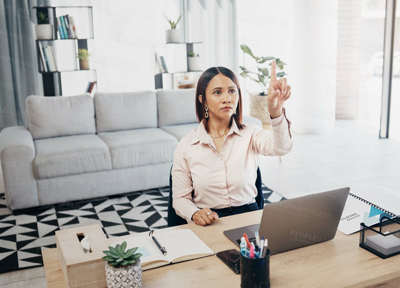 Buy stock photo Press, remote work and business woman in virtual metaverse for online presentation or video call with connection. Planning, internet and employee in home office working on strategy with laptop