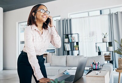 Buy stock photo Smartphone call, communication and professional happy woman consulting, planning and smile for negotiation deal success. Cellphone, consultation and person speaking, chat and discussion with contact