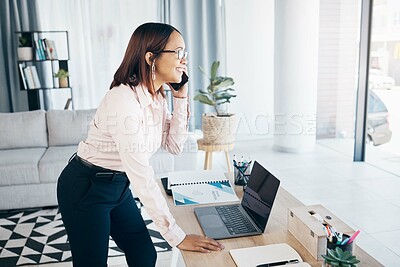 Buy stock photo Phone call, communication and happy business woman consulting, planning and talk about company networking. Smartphone, office profile and consultant speaking, chat and discussion with company contact