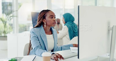 Buy stock photo African, business woman and reading on computer review in office and typing research, report or marketing strategy. Online, planning and employee with email, communication or project in Nigeria