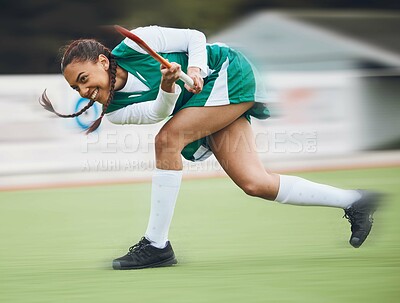 Buy stock photo Hockey, sports or girl running in game, tournament or competition with ball, stick or action on turf. Blur, woman training or fast player in exercise, workout or motion on artificial grass for speed